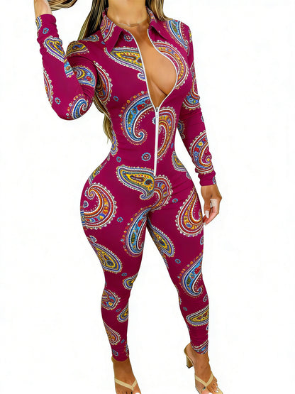 Women's Long Sleeve Slim-Fit Jumpsuit with Trendy Paisley Print - Purple Style Perfect for Daily Outings & Casual Occasions, Available in Sizes 2XS-2XL