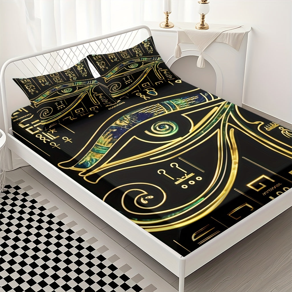 3pcs Comfortable Egyptian Hieroglyphics Theme Bed Fitted Sheet Set - Soft High-Definition Digital Print, Soft, Breathable 100% Polyester, Perfect Gift, All-Season Family And Friends Gift