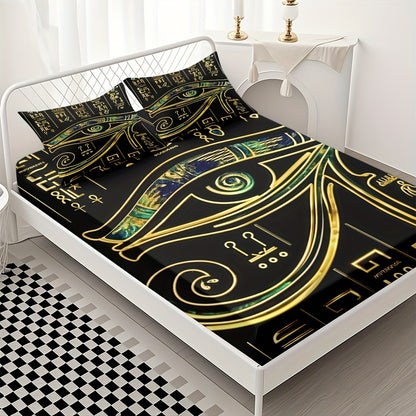 3pcs Comfortable Egyptian Hieroglyphics Theme Bed Fitted Sheet Set - Soft High-Definition Digital Print, Soft, Breathable 100% Polyester, Perfect Gift, All-Season Family And Friends Gift