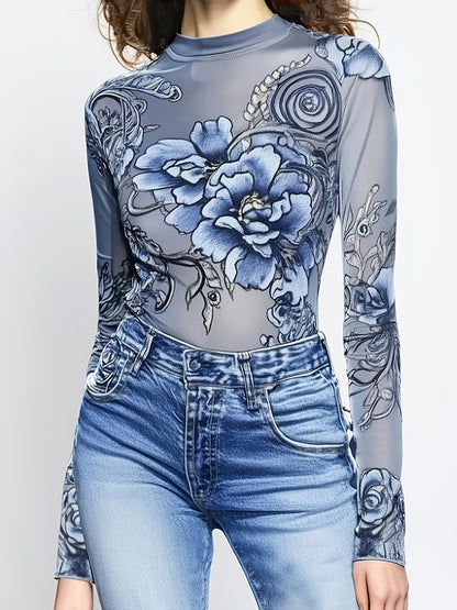 Women'S Elegant Semi-Sheer Floral Print Long Sleeve Blouse - Slim Fit H-Line Silhouette with Round Neck, Semi-Sheer Peony & Rose Pattern, High-Stretch Fabric, All-Season Versatile Casual to Formal Tops, Easy Care & Wrinkle-Re