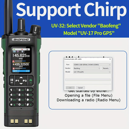 2-Pack BAOFENG UV-32 Ham Radio Handheld 10W Long Range Rechargeable NOAA Weather Receiver 5RM K5 Tactical Two Way Radio with GPS, USB-C Charging, UHF Frequency, Lithium-Polymer Battery, Green Color, Non-Waterproof, for Adults