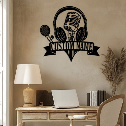 2D Flat, 1pc Customizable Metal Sign with Headphones & Microphone Silhouette Wall Art - Personalized Name Banner, Durable Iron Wall Decor for Home Studio, Living Room, Outdoor Patio - Music-Themed Decorative Accent, Metal Wal