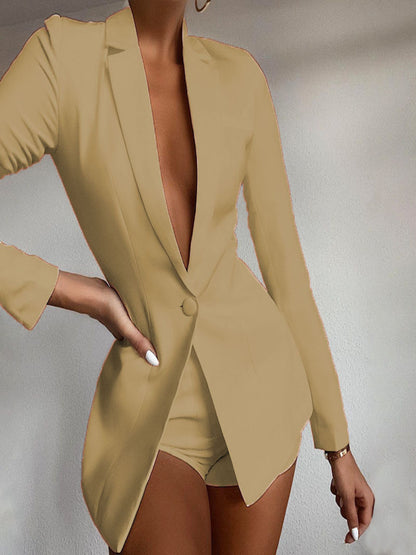 Women'S Elegant Two-Piece Set - Mustard-Yellow Pantsuit, Turn- Collar Long Sleeve Outfit, All-Season Formal & Casual Chic Ensemble for Office, Parties, Casual Attire - European-American Border Style Women'S Clothing, Office A