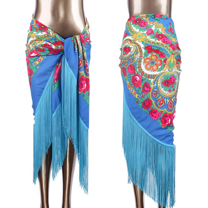 Women'S Luxury Boho Floral Fringe Hip Scarf - Elegant Belly Dance Wrap Skirt & Shawl with Tassel Hem, Vibrant Red Color Options, Multicolor Printed Bohemian Style for Beach, Festival, Party, Travel - Versatile Sarong Cover Up