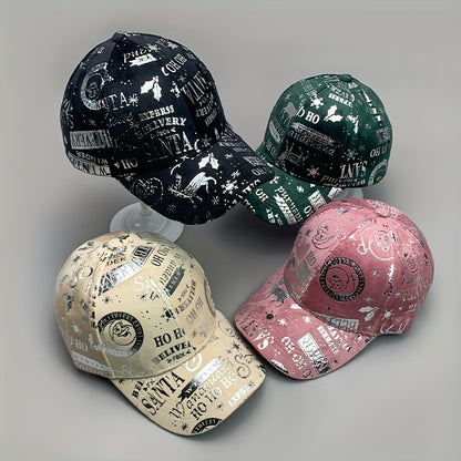 1pc Christmas Reflective Baseball Cap Adjustable Lightweight Polyester Vintage Distressed Six-Panel Street Style Cap with Random Print Patterns (Stars/Hearts/Music Notes) - Unisex Casual & Festive Holiday Accessory, Streetwea