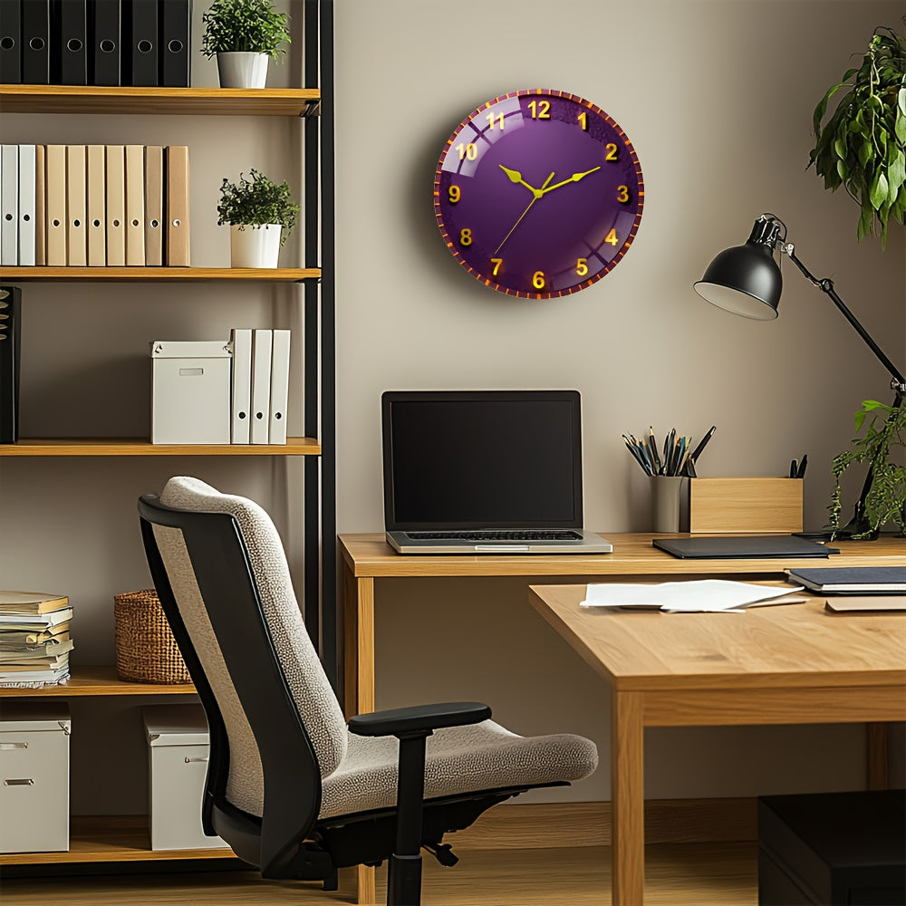 Large Modern Purple & Golden Wall Clock with Black Hands - 30cm/11.81" Thick Tempered Glass Silent Quartz Movement, Mechanism, Modern Round Wall Clock for Living Room, Bedroom, Office - Elegant Purple Face with Golden Hands,