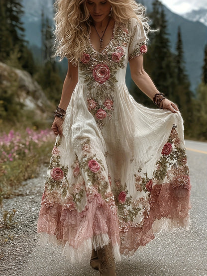 Elegant Women'S V-neck Short-Sleeved Dress with Full Skirt | Lightweight and Breathable Fabric, Perfect for Travel and Beach Vacations, Floral Pattern, Oversized Fit