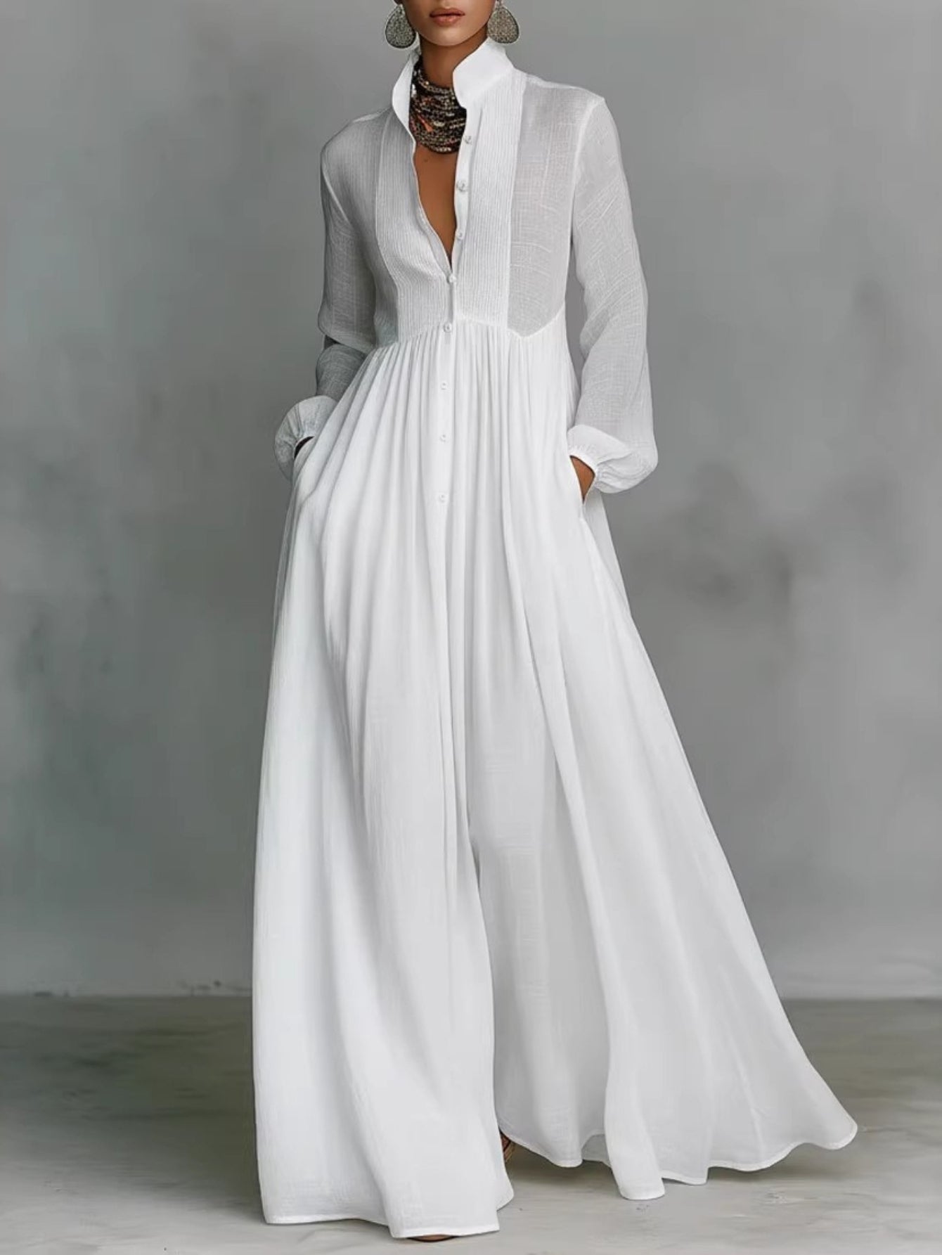 Ruffled Slim Vacation Maxi Dress Spring Summer French Elegant White Long Sleeve Dress
