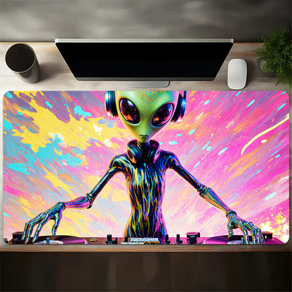 1pc Large Alien DJ Gaming Desk Mat & Mouse Pad - Neon Glow Green/Blue/Pink/Black/Purple, Non-Slip Surface, DJ Turntable Design Computer Accessory for PC/Laptop, Ideal Gift for Gamers & Music Producers