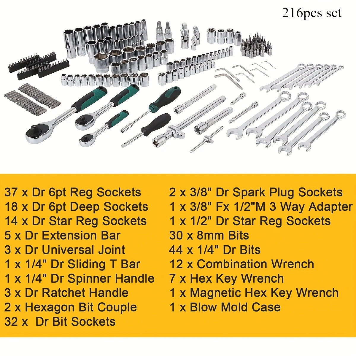 High-end Professional 45+1/215+1pc Tool Set, Auto/bicycle Repair Machinery Kit, 1/2 Inch *1/4 Inch 3/8 Inch Drive Depth And Standard Wrench Set, Race-grade Auto Parts Repair Ratchet Wrench And Other Auto Repair Accessories To