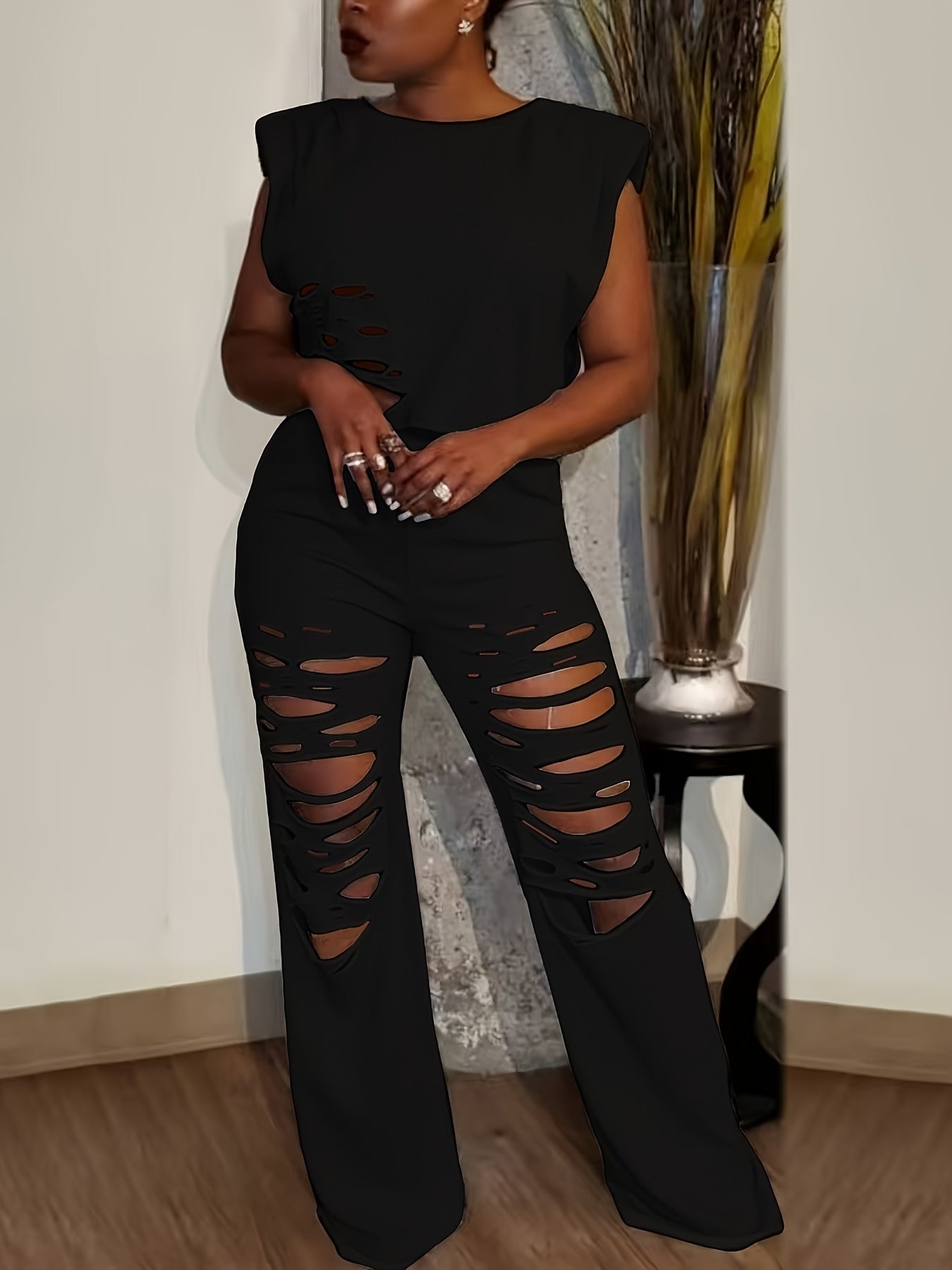 Distressed Burnt-Out Set - Women's Sleeveless Sweatshirt and Pants