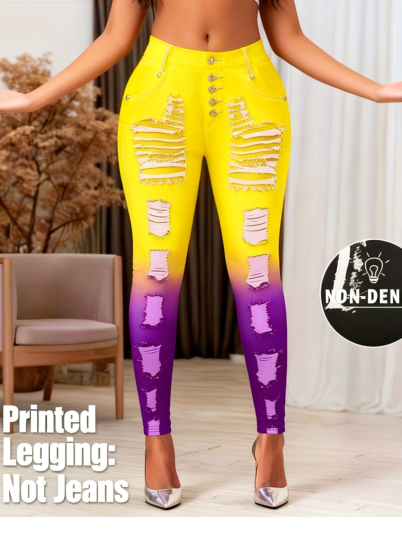 [Printed Pants - Not Denim Fabric] Printed Legging - Not Denim Fabric - Christmas Plus Size Women's Digital Print Denim-Look Leggings, Stretch Polyester, All-Season Casual Slim-Fit Pants, Regular Fit, Adult Sizes, Machine Was