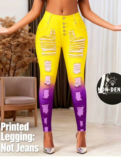 [Printed Pants - Not Denim Fabric] Printed Legging - Not Denim Fabric - Christmas Plus Size Women's Digital Print Denim-Look Leggings, Stretch Polyester, All-Season Casual Slim-Fit Pants, Regular Fit, Adult Sizes, Machine Was