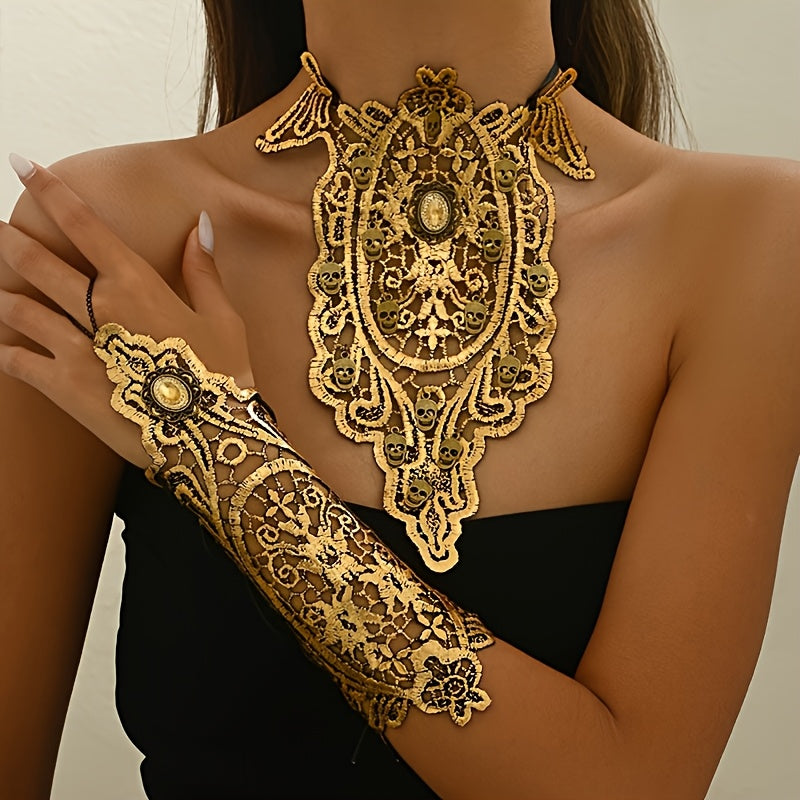 2pcs Halloween Gothic Exaggerated Hollow-Out Lace Skull Bracelet And Necklace Set for Women