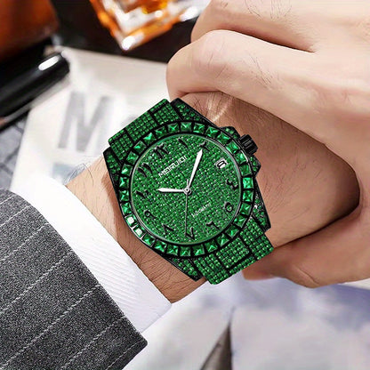 1pc Men's Luxury Green Tourbillon Mechanical Watch with Automatic Movement, 4-Hand Display (Hour/Minute/Second/Chronograph) - -Green Dial, Golden Hands & Black Bezel, Steel Band, Calendar, Mechanical Tourbillon Mechanism, No