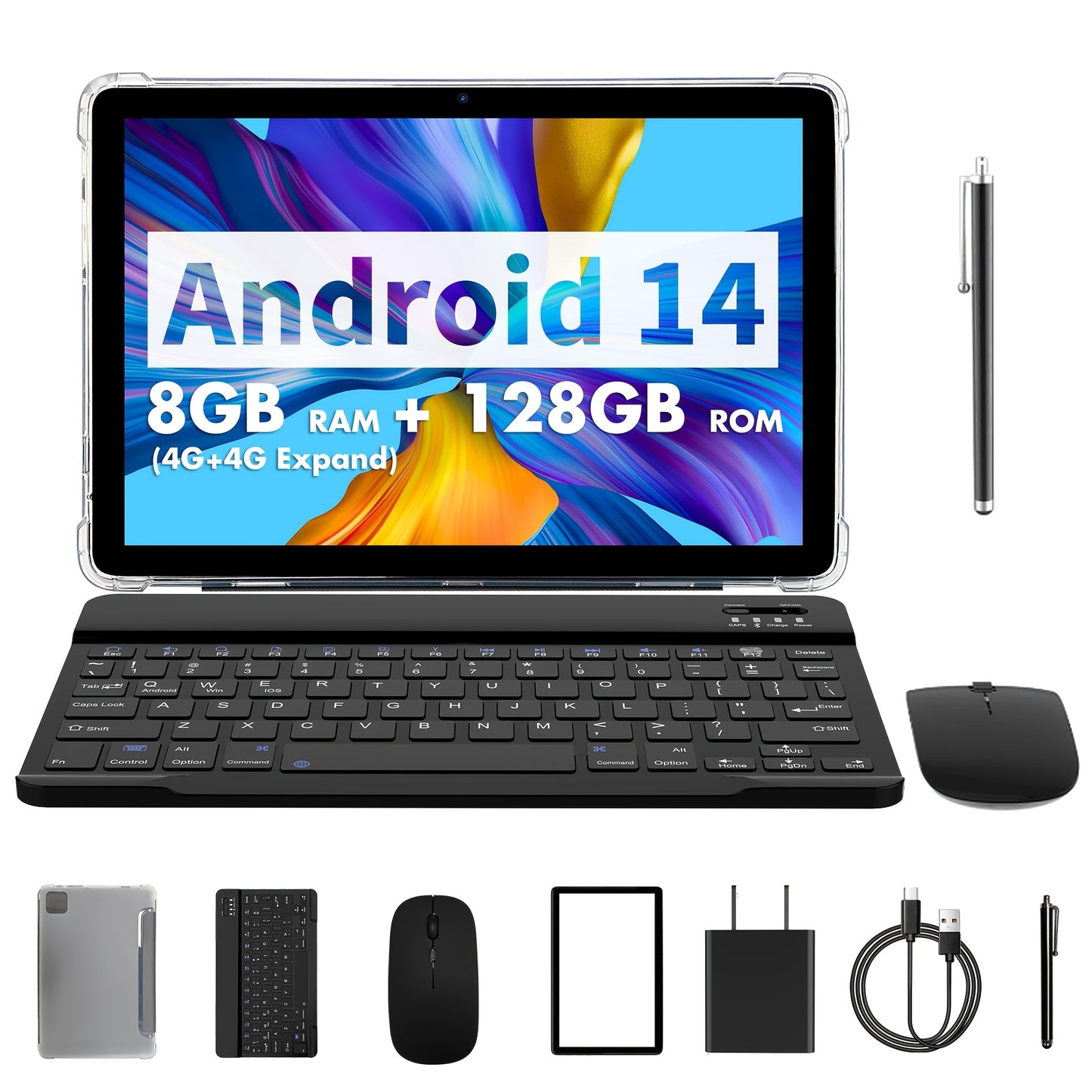 PRITOM Tablet 10.1-inch Android 14 operating system Tableta, 2-in-1 tablet with keyboard, mouse, protective case, stylus, 128GB ROM+(4GB+4GB expansion) RAM, 8MP dual camera, 8-core processor, 8000mAh battery, 1280 * 800IPS hi