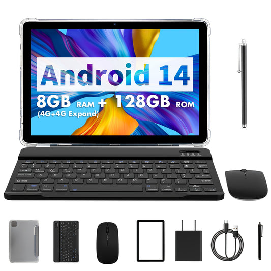 PRITOM Tablet 10.1-inch Android 14 operating system Tableta, 2-in-1 tablet with keyboard, mouse, protective case, stylus, 128GB ROM+(4GB+4GB expansion) RAM, 8MP dual camera, 8-core processor, 8000mAh battery, 1280 * 800IPS hi