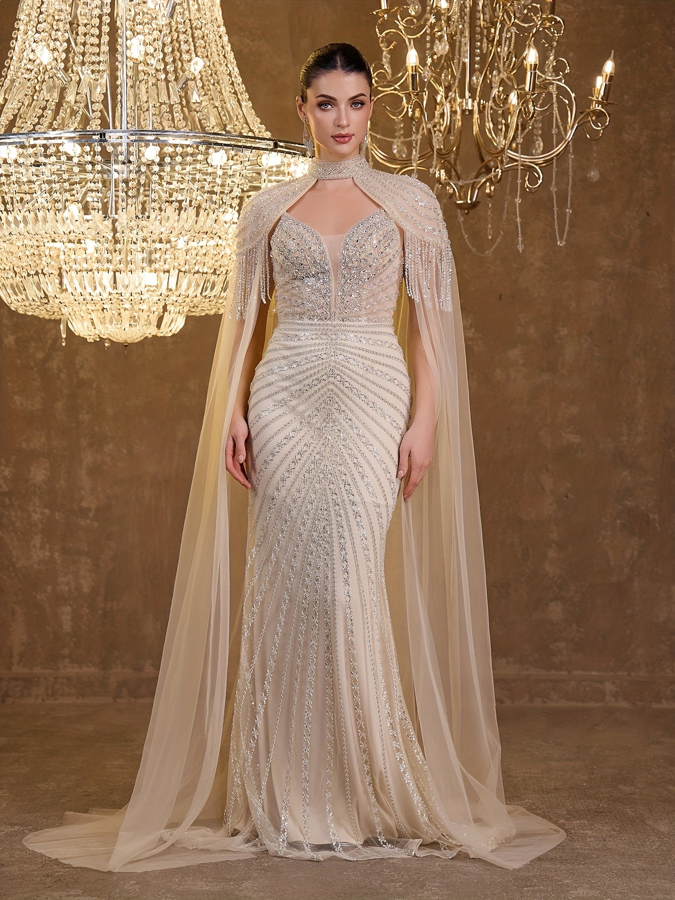 Sequined Lace Fringe Off-shoulder Bustier Elegant Sexy Mermaid Evening Gown