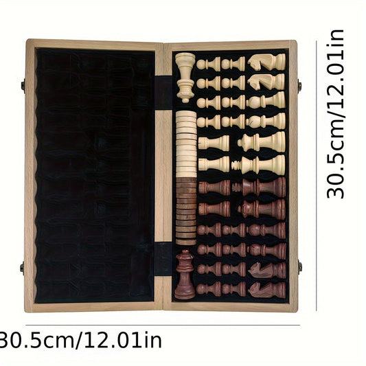 1pc Limited Edition 30.5cm Large Wooden Chess and Checkers Set - Foldable Strategy Game with Exquisite Board and German Knight Staunton Pieces, Portable and Durable Storage Box - For Chess & Checkers Enthusiasts - Perfect Gif