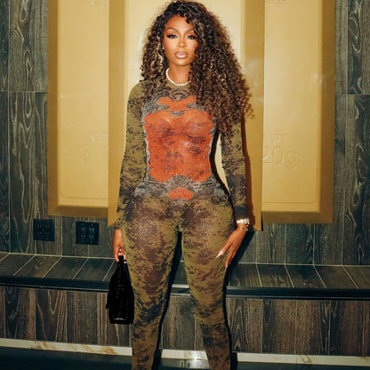LUCKFOX Sexy Street Trend Digital Printing Long Sleeve Jumpsuit Women | Deep V Neck, Perfect for Spring/Summer/Fall
