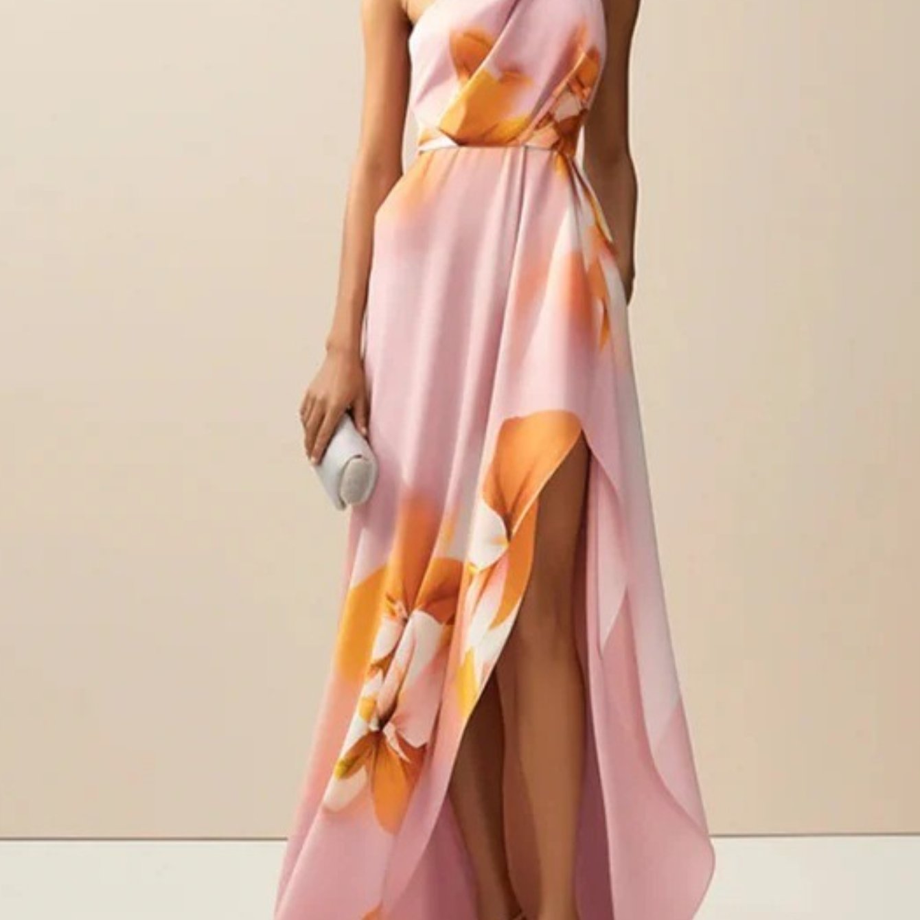 Women's Elegant Mermaid Dress - Long Sleeve A-Line -Length Formal Gown with Slim Waist & Wrap Hem, Soft Pink & Peach Print, Pink/Beige/ Hues for Weddings, Prom, Galas (No Bust Padding)