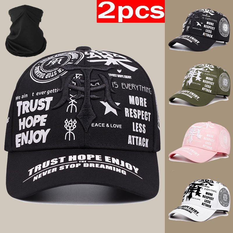 2pcs Baseball Cap & Mask Set - "Trust Hope Enjoy" Inspirational Print, Black with White Text, Adjustable Snapback, Breathable Mesh Back, Perfect for Sports & Casual Wear, Casual Headwear | Trendy Baseball Cap | Comfortable Fi