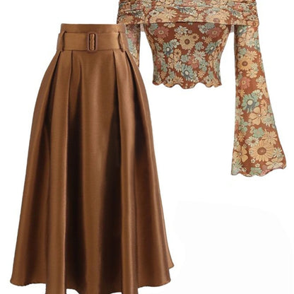 2pcs Set: Vintage Floral Off-Shoulder Bell-Sleeve Top + Brown High-Waisted A-Line Skirt | Fall/Winter Outfits - Perfect for Dates, Afternoon Tea - Women'S Retro-chic Design