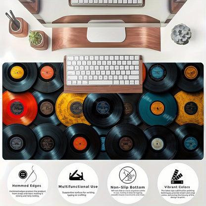 Large Music-Themed Vinyl Record Mouse Pad - Black, Yellow, Red & White Design with "Vinyl" Text, Non-Slip Rubber Base, Washable Polyester Surface, Perfect for Office, Home, Gaming & Study - Ideal Gift for Music Lovers, Music