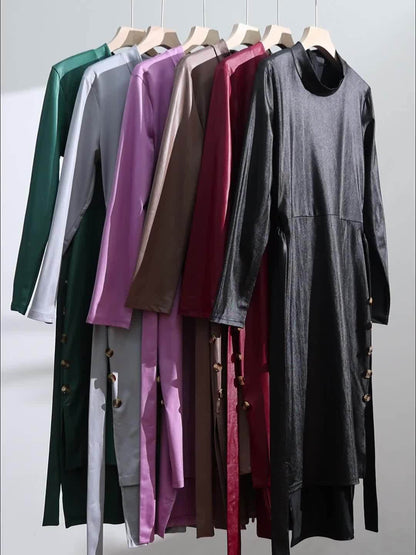 [Sexy Slit Dress] Women'S Solid Color Bodycon Hot Dress with a Stylish Belt, Fitted Long Sleeves, And a Sexy Side Slit, Mid-Length.