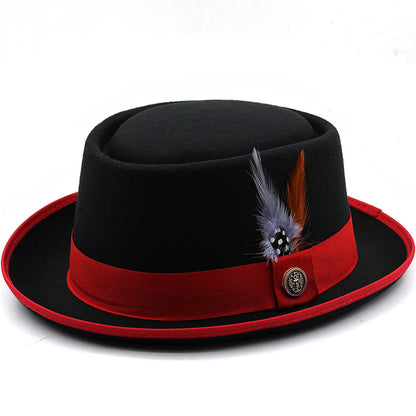 Men'S & Women'S British Style Felt Top Hat with Feather-like Plume - Elegant Black/Red/Burgundy Jazz Hat, Small Brim & Wide Flat - Durable Felt Material for Weddings, Proms, Masquerade & Vintage Events - Unisex Vintage Access