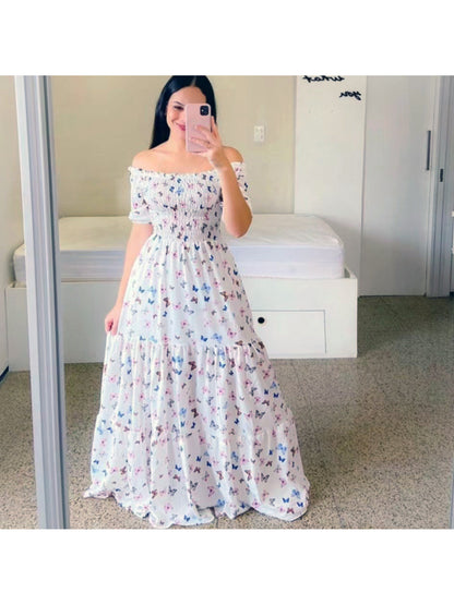 2023 New Spring Summer European and American Women's Fashion Off-Shoulder Floral Print Long Dress