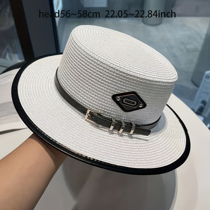 French Retro British Summer Flat Brim Hat - Adjustable Unisex Outdoor Wide Brim Hat with Decorative Buckle and Black Ribbon, Fashionable Sun Hat for Men and Women | Elegant Accessories | Exquisite Weaving, Stylish Headwear, C