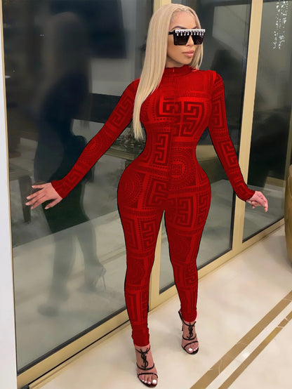 Women's Sexy Sheer Mesh Jumpsuit - Long Sleeve High Neck Bodysuit - Semi-Sheer Transparent Outfit (S-XXL) - Machine Washable All-Season Wear for Parties - Fashion Events - Tight-Fitting Lingerie Suit