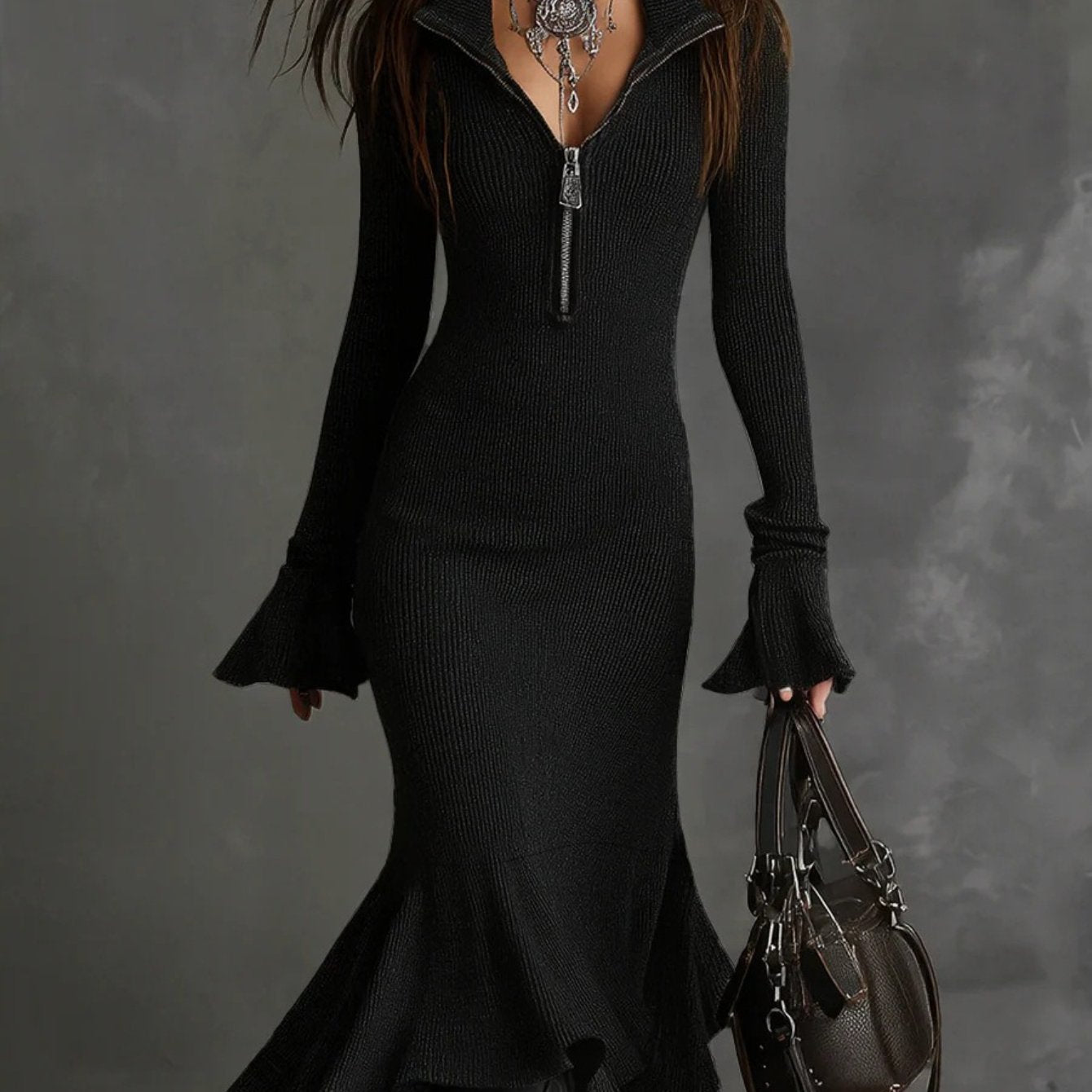 Plus Size - HERTALK2025 Autumn Fashion And Elegant Style Zipper Lapel Flared Sleeve Fishtail Dress