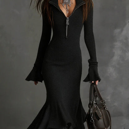 Plus Size - HERTALK2025 Autumn Fashion And Elegant Style Zipper Lapel Flared Sleeve Fishtail Dress