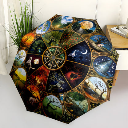 Automatic Open/Close Umbrella with 8-Rib Sturdy Frame - Auto Open Close Button, Portable Sunshade Canopy, Elegant Wheel of the Year Design with Seasonal Symbols (Winter, Spring, Summer, Fall) - Perfect Halloween, Christmas, B
