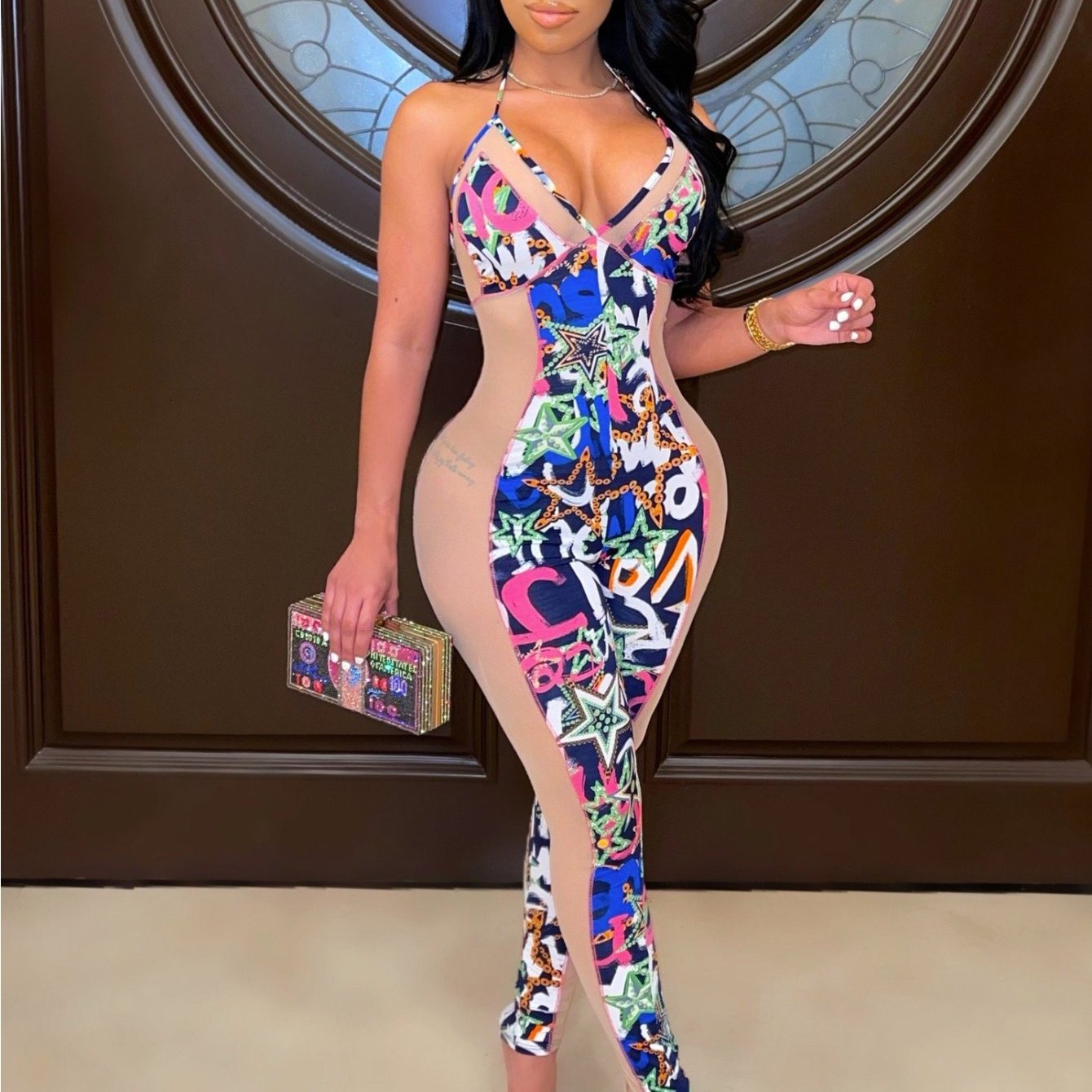 LUCKFOX Sexy Halter Jumpsuit with Digital Print and Contrasting Color Splicing | Mesh, Sleeveless, Midi Length, Geometric Pattern, Casual Style, Perfect for Spring/Summer/Fall