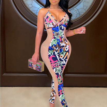 LUCKFOX Sexy Halter Jumpsuit with Digital Print and Contrasting Color Splicing | Mesh, Sleeveless, Midi Length, Geometric Pattern, Casual Style, Perfect for Spring/Summer/Fall