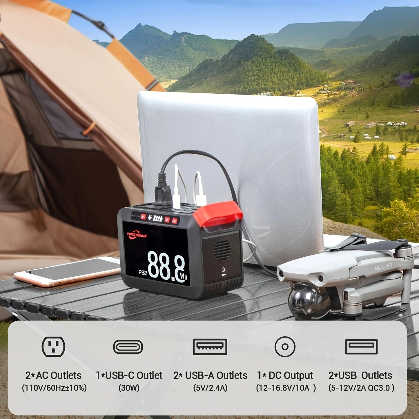 POWSTREAM 88.8Wh/237Wh Portable Power Station With AC Outlet 80W, 24000mAh Solar Generator With Panel 21W/60W Included, Solar Powered Power Bank For Outdoor Camping Adventure Home Backup Emergency RVs