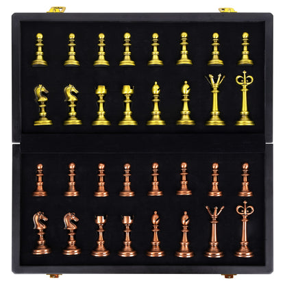 Vintage Metal Chess Set For Adults, 15" Wooden Chess Board With Metal Chess Pieces Travel Chess Set With Retro Chessmen, Collectible Elegant Chess Game, Family Vintage Board Game