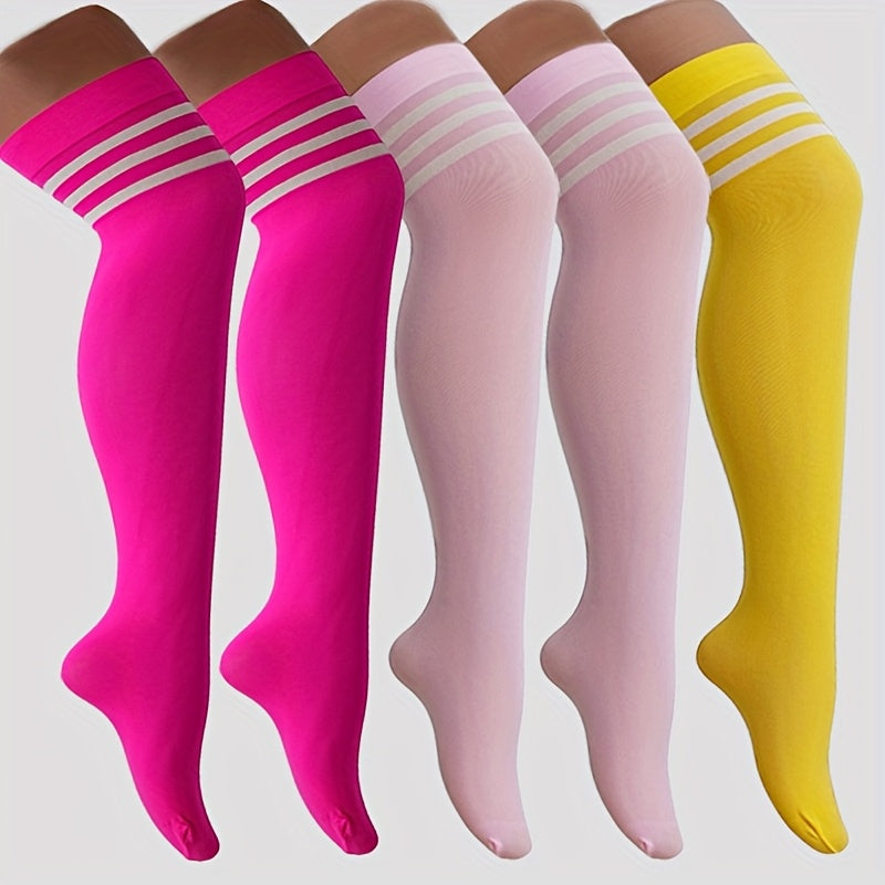 Five Pairs of Thin Velvet Over-the-knee Socks in Rose Red, Pink, Bright Yellow, Solid Colors, and Stripes. Smooth Nylon, Comfortable and Cute. Suitable for Students, Dance, Skating, and Other Activities, for Teenager