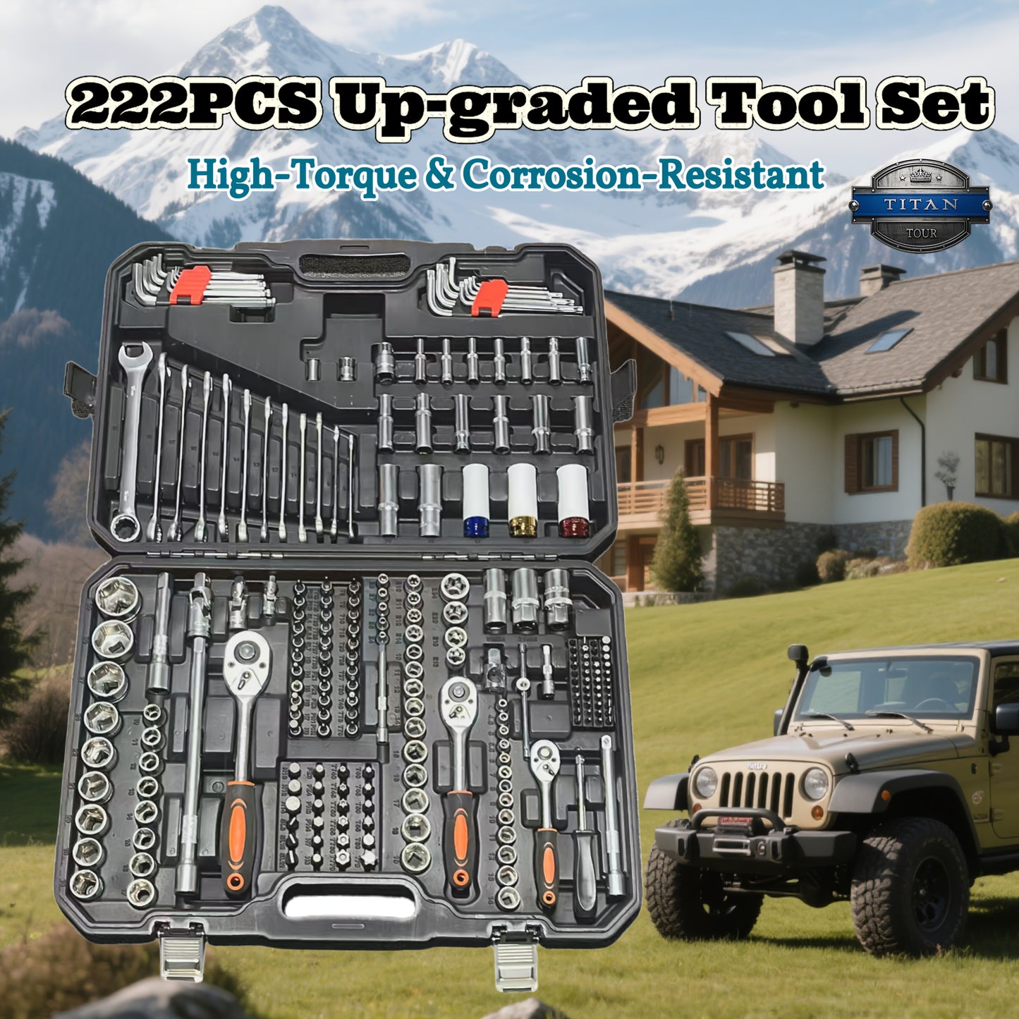 Latest High-end Professional 222pcs Mechanical Tool Set, 1/4 "and 3/8" And 1/2 "drive 24/72 Tooth Ratchet, Socket Wrench Set Metric CR-V, Suitable for General Professional Mechanics, Automotive And Home Repairs, Motorcycle Ti