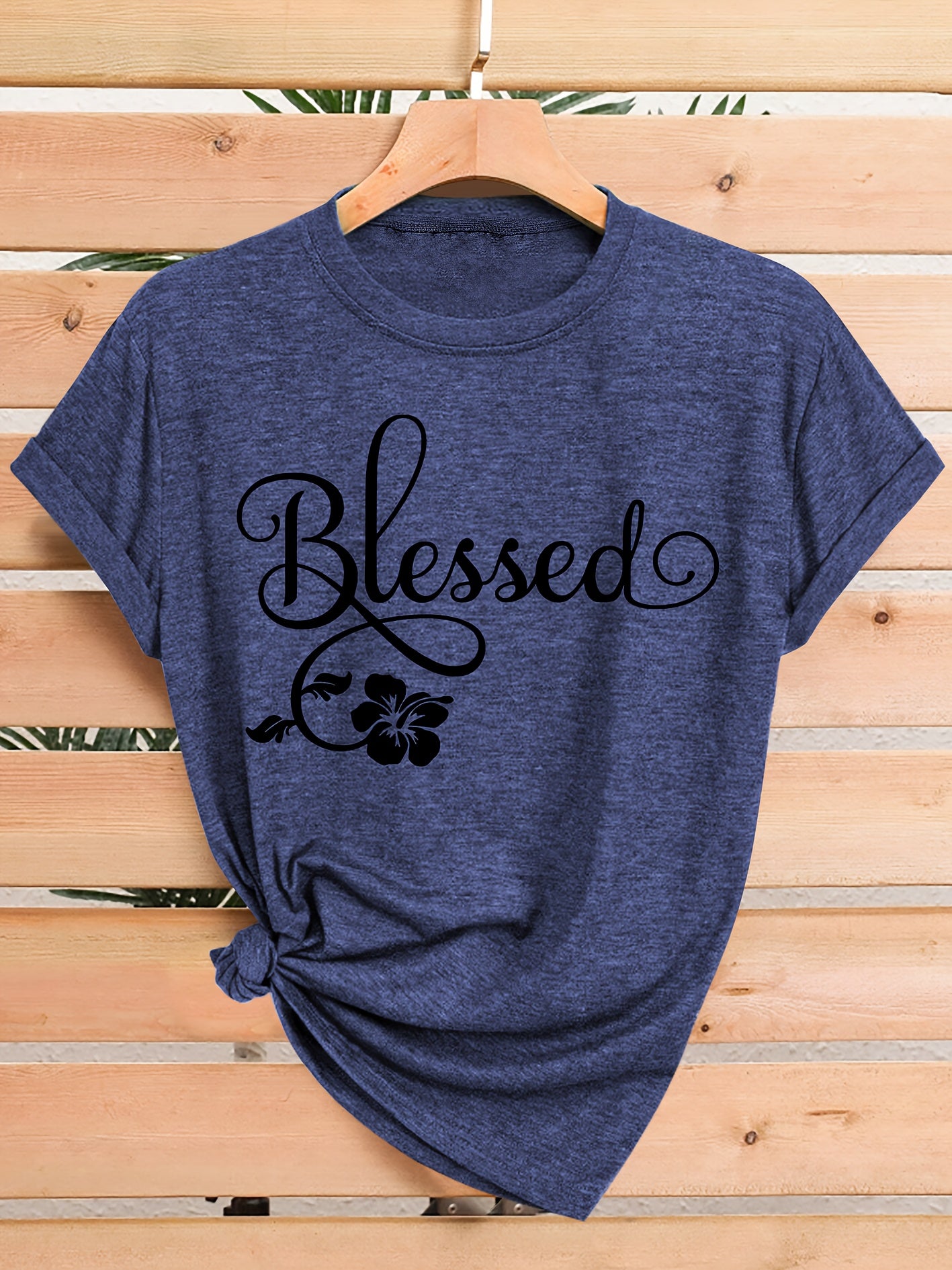 Women's Casual Short Sleeve T-Shirt - Blessed Floral Print Retro Style, Soft Stretch Round Neck Top, Machine Washable All-Season Comfort, Multi-Color Options S-XXL, Ladies T Shirts