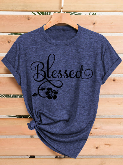 Women's Casual Short Sleeve T-Shirt - Blessed Floral Print Retro Style, Soft Stretch Round Neck Top, Machine Washable All-Season Comfort, Multi-Color Options S-XXL, Ladies T Shirts