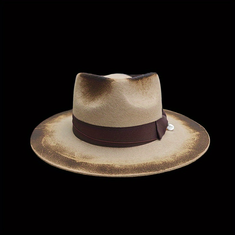 Unisex Vintage Wool Felt Hat with Turquoise-like Feather-Like Ribbon & Feather-Like Pendant - Wide Brim Western /Cowgirl Hat for &, Casual Outdoors, Parties, Daily Wear - Beige/Brown Retro Jazz