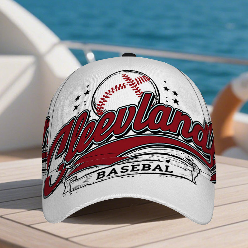 1pc 2D Cleveland Baseball Stars Print Baseball Cap - Vibrant Polyester Snapback Hat with Full-Body Print, Lightweight and Adjustable, Ideal for Running & Street Fashion.