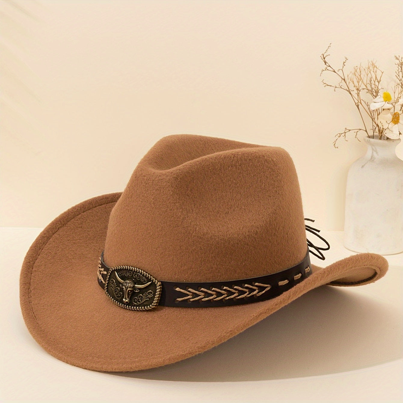 [Black Cowboy Hats] 2pcs Western Cowboy Hats - Black Fedora Cowboy Hats with Braided Band & Bull Head Design, Lightweight & Durable for Outdoor Travel, Christmas, and Casual Wear