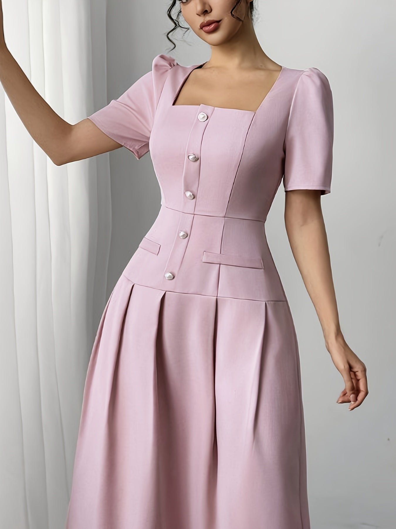 Women's 2026 Summer Elegant Minimalist Square Neck Puff Sleeve Waist Cinched Slim Fit Maxi Dress