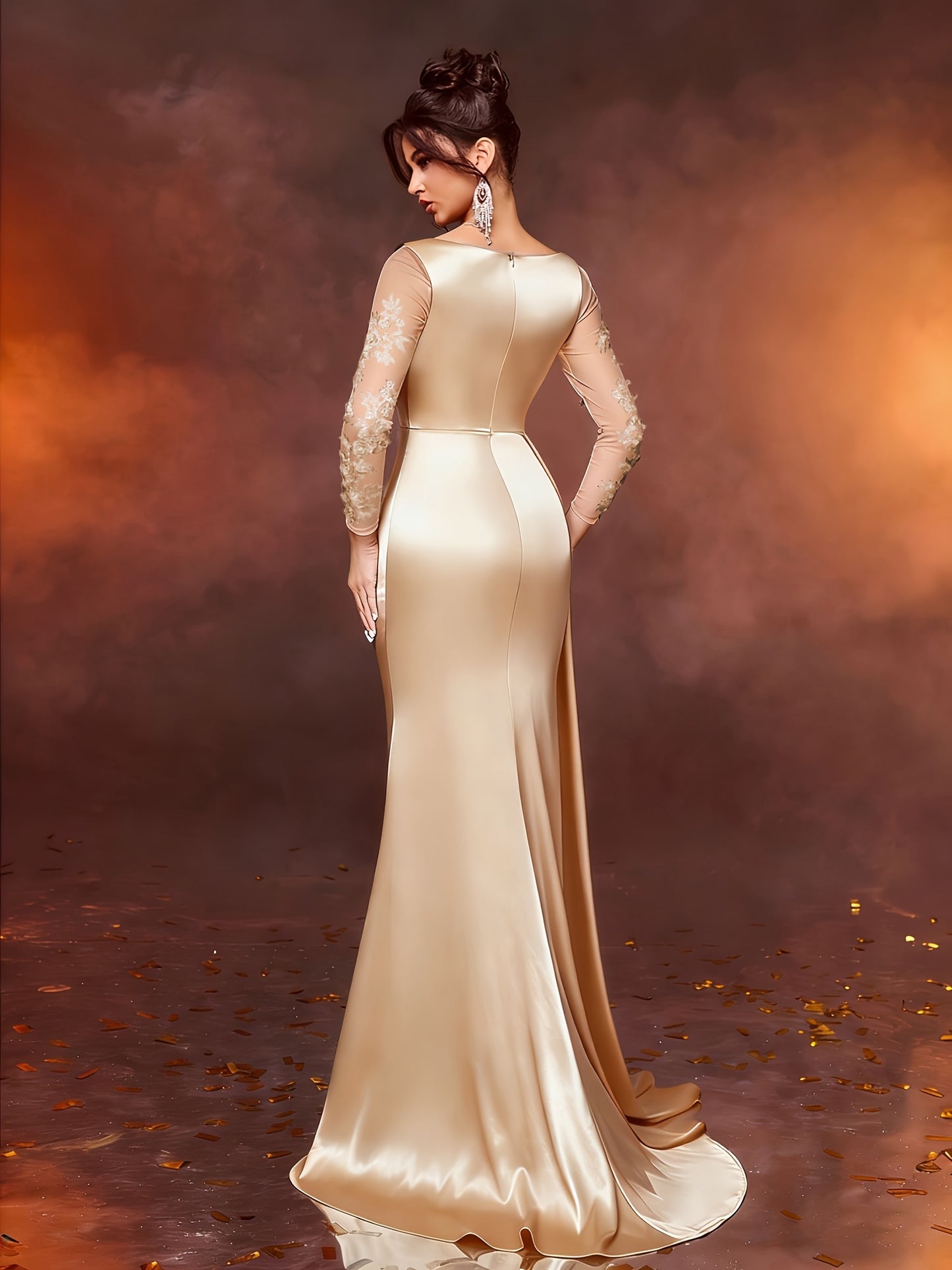 Elegant Long Ladies' Gown with Lace Detail | Solid Color, Contrast Mesh, Long Sleeve, Gown Hem, Ideal for Christmas, Birthday, Graduation, Travel