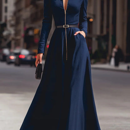 Elegant Women's Dress with a Lapel, Long Skirt, Long Sleeves, Zipper Details, Advanced Tailoring, Waist Cinching,, Flared Design, Fashionable, Elegant, Full of Aura, Queen-like Style, Suitable for Autumn Dates, Parties, Dinne